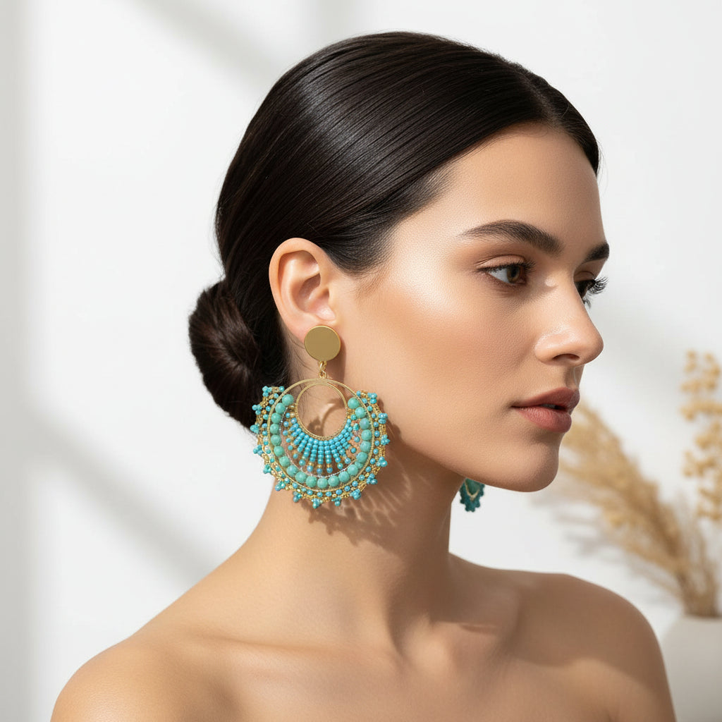 Women’s Bohemian Fan-Shaped Beaded Earrings – Retro Resort Style Jewelry