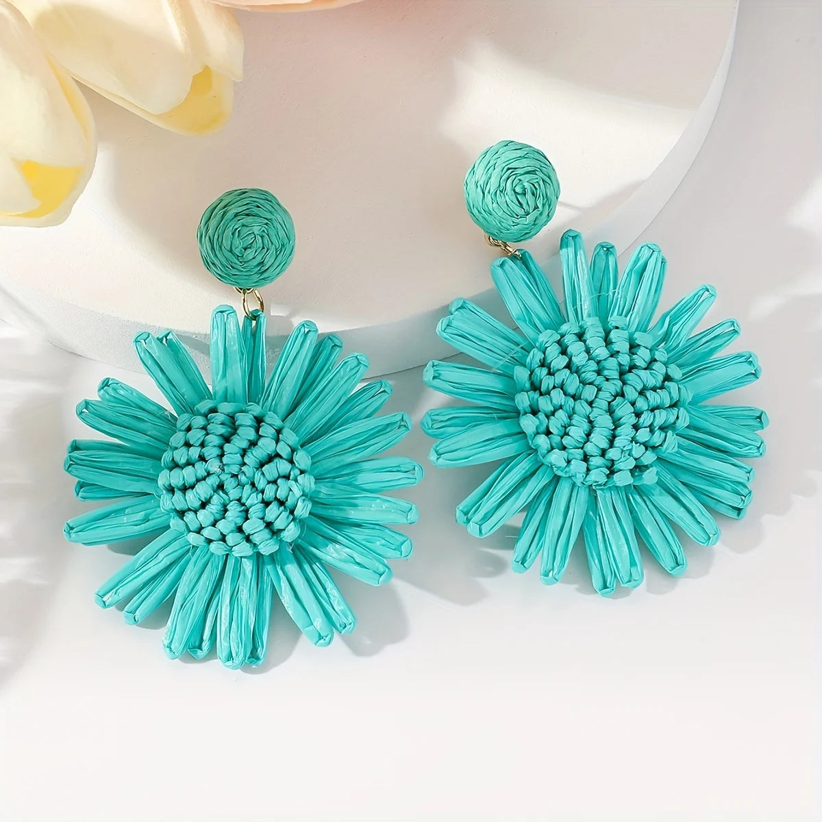 Women’s Bohemian Raffia Sunflower Drop Earrings – Handmade Vacation Jewelry