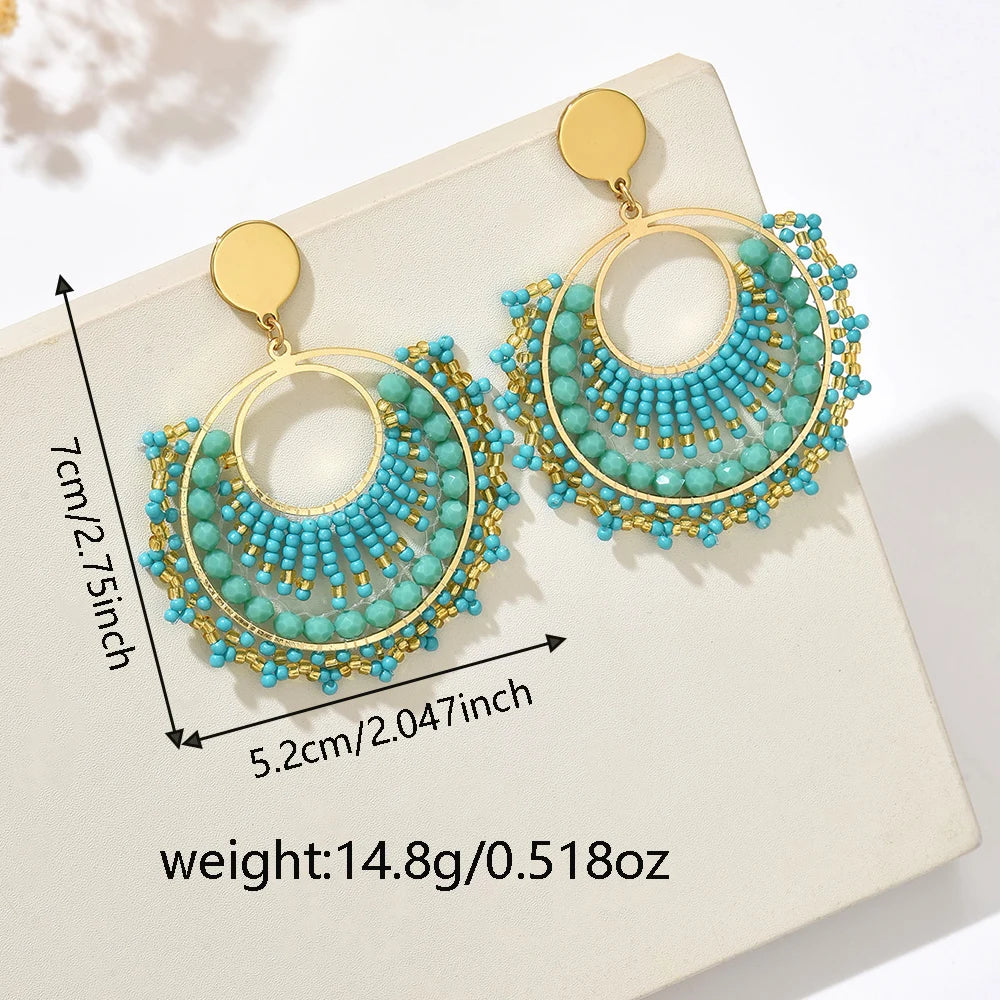 Women’s Bohemian Fan-Shaped Beaded Earrings – Retro Resort Style Jewelry
