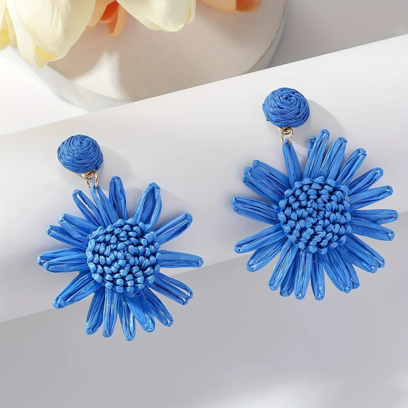 Women’s Bohemian Raffia Sunflower Drop Earrings – Handmade Vacation Jewelry