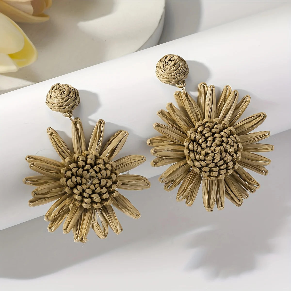 Women’s Bohemian Raffia Sunflower Drop Earrings – Handmade Vacation Jewelry