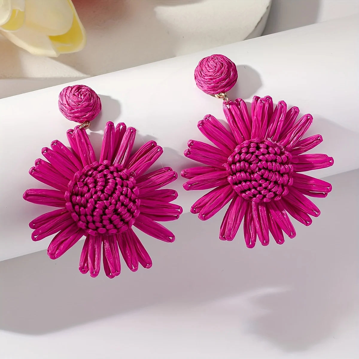 Women’s Bohemian Raffia Sunflower Drop Earrings – Handmade Vacation Jewelry