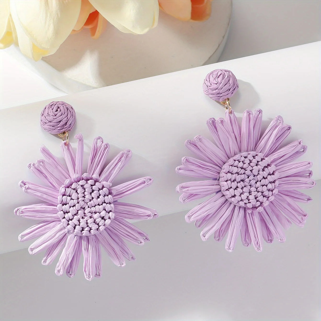 Women’s Bohemian Raffia Sunflower Drop Earrings – Handmade Vacation Jewelry