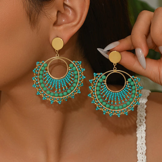 Women’s Bohemian Fan-Shaped Beaded Earrings – Retro Resort Style Jewelry